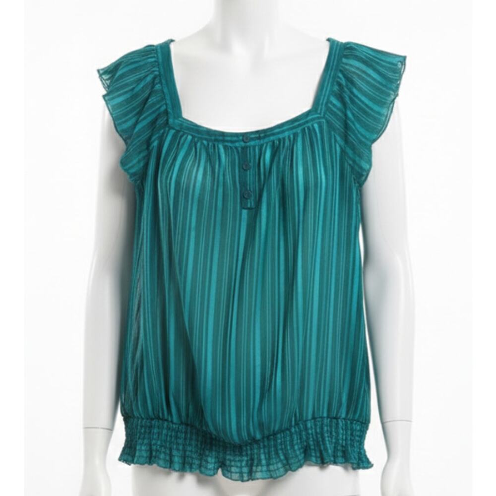 Byline Peasant Blouse L Green Sheer Striped Square Neck Short Sleeves Boho Chic